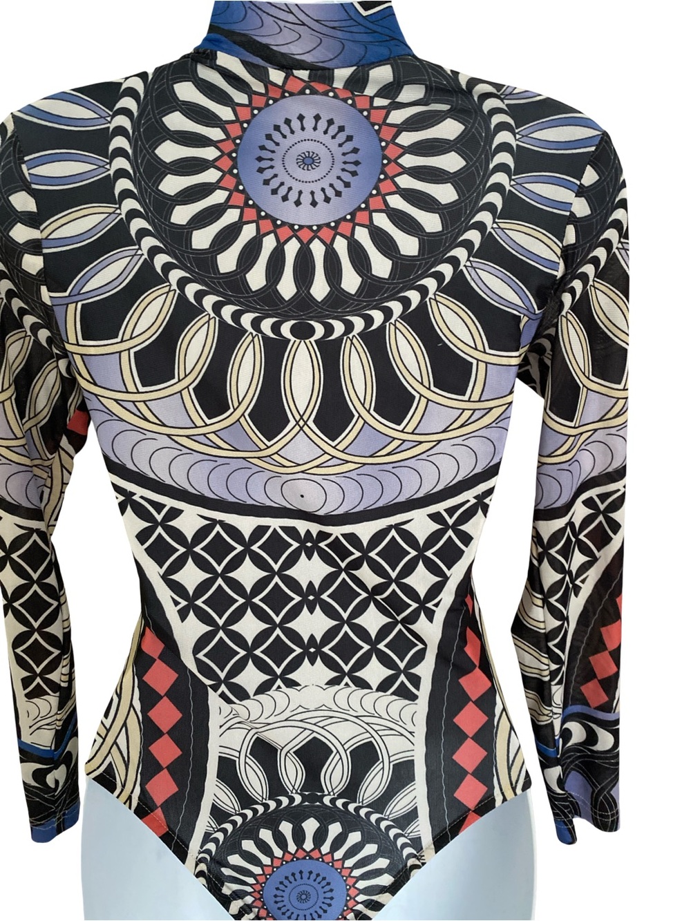 Geometric Medallion Long Sleeve Bodysuit in Black, Lavender & Coral-S